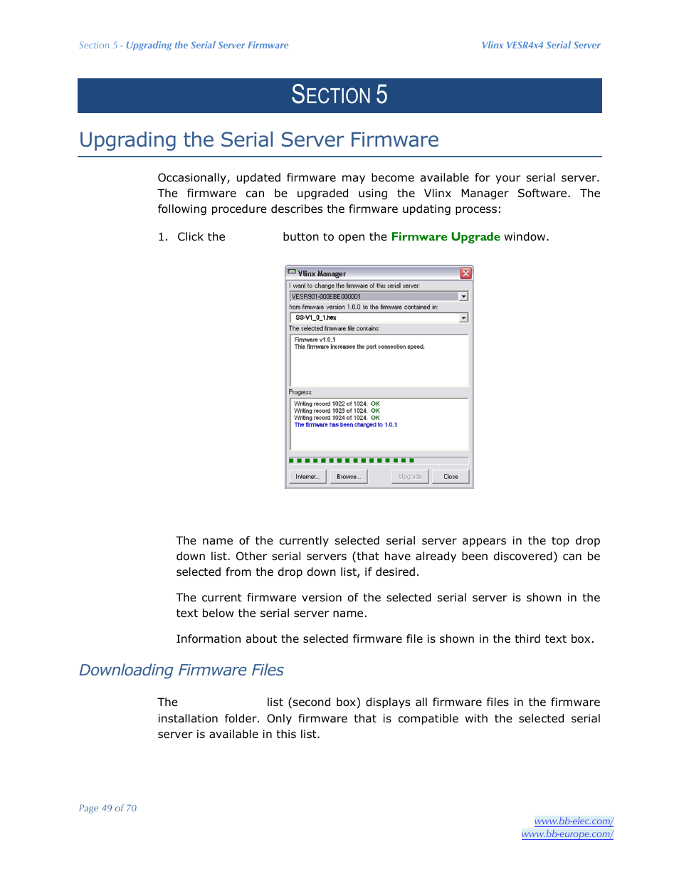 Ection, Upgrading the serial server firmware, Downloading firmware files | B&B Electronics VESR4X4 - Manual User Manual | Page 49 / 70
