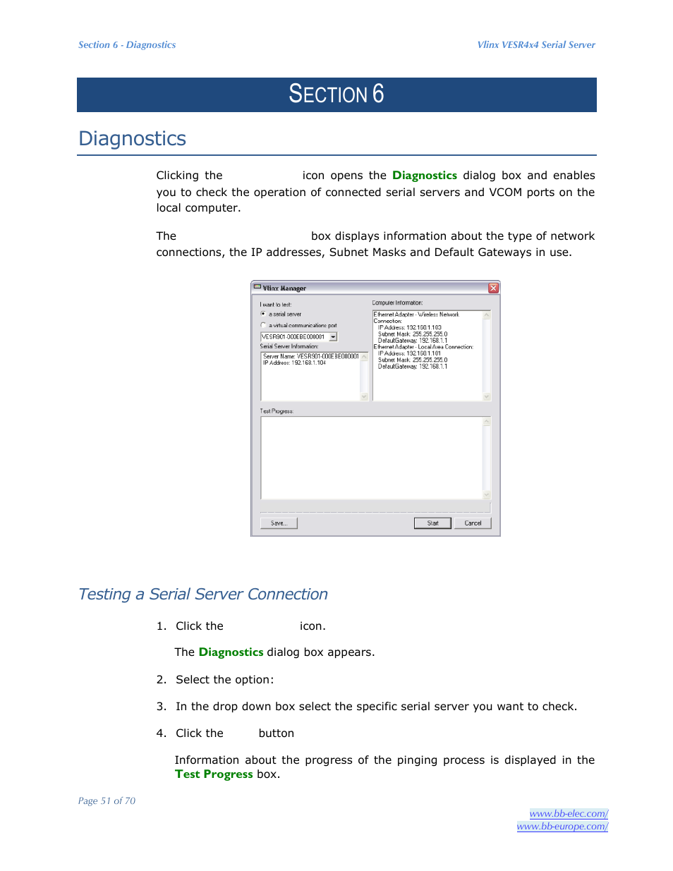 Ection, Diagnostics, Testing a serial server connection | B&B Electronics VESR4X4 - Manual User Manual | Page 51 / 70