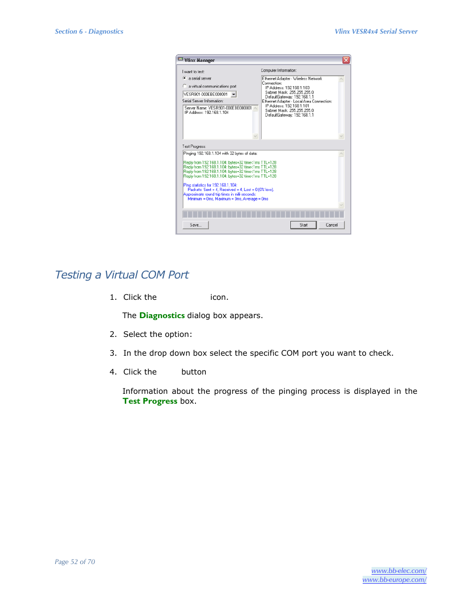 Testing a virtual com port | B&B Electronics VESR4X4 - Manual User Manual | Page 52 / 70