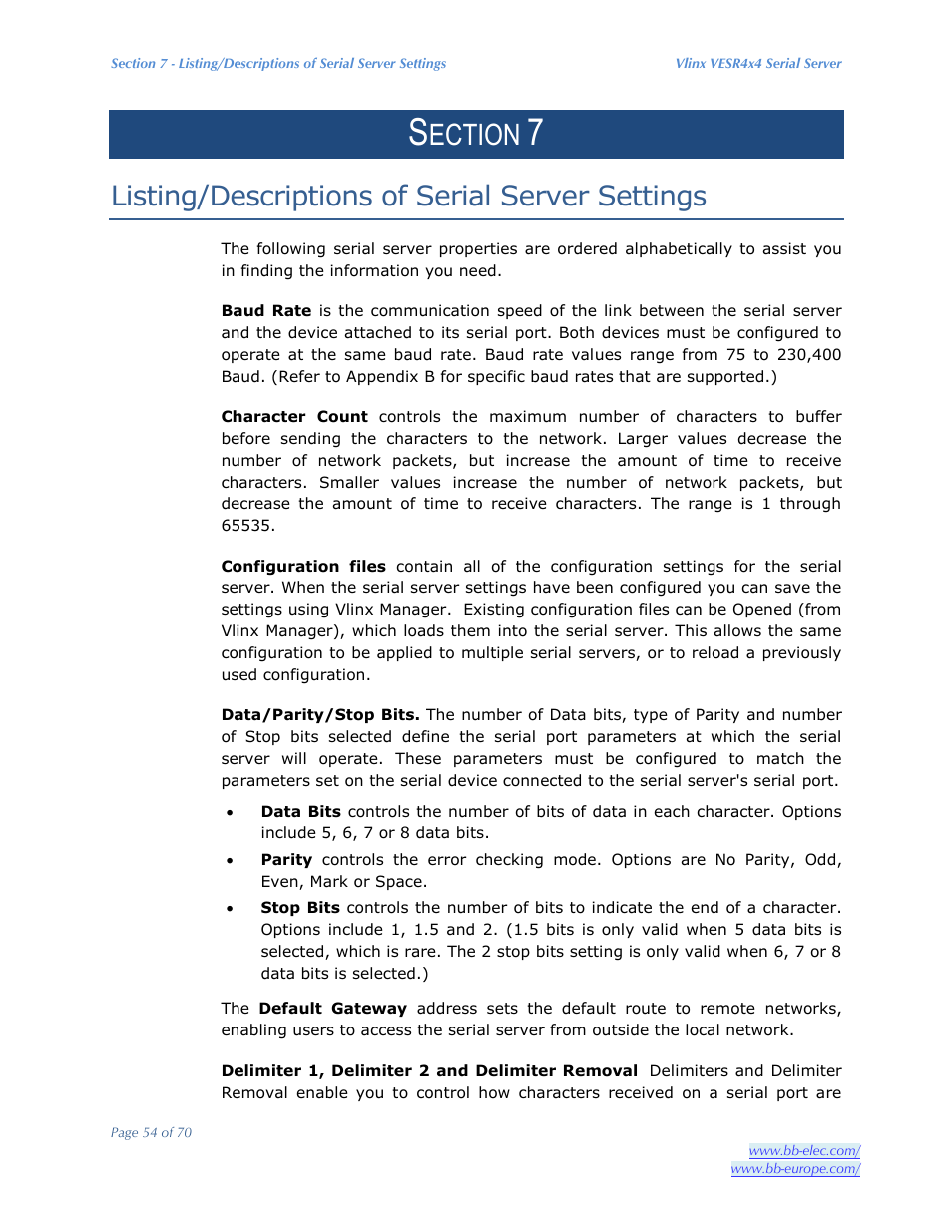 Ection, Listing/descriptions of serial server settings | B&B Electronics VESR4X4 - Manual User Manual | Page 54 / 70