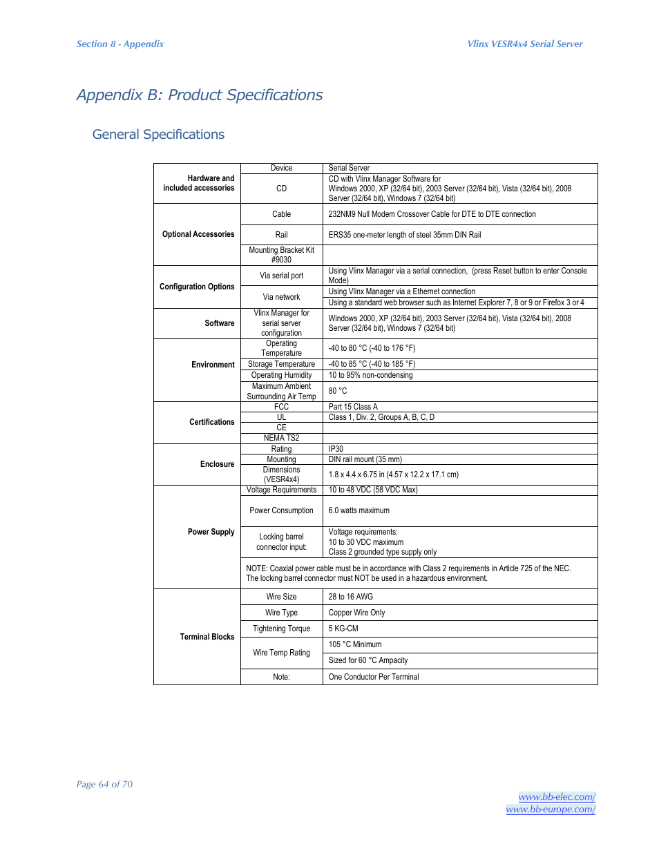 Appendix b: product specifications, General specifications | B&B Electronics VESR4X4 - Manual User Manual | Page 64 / 70