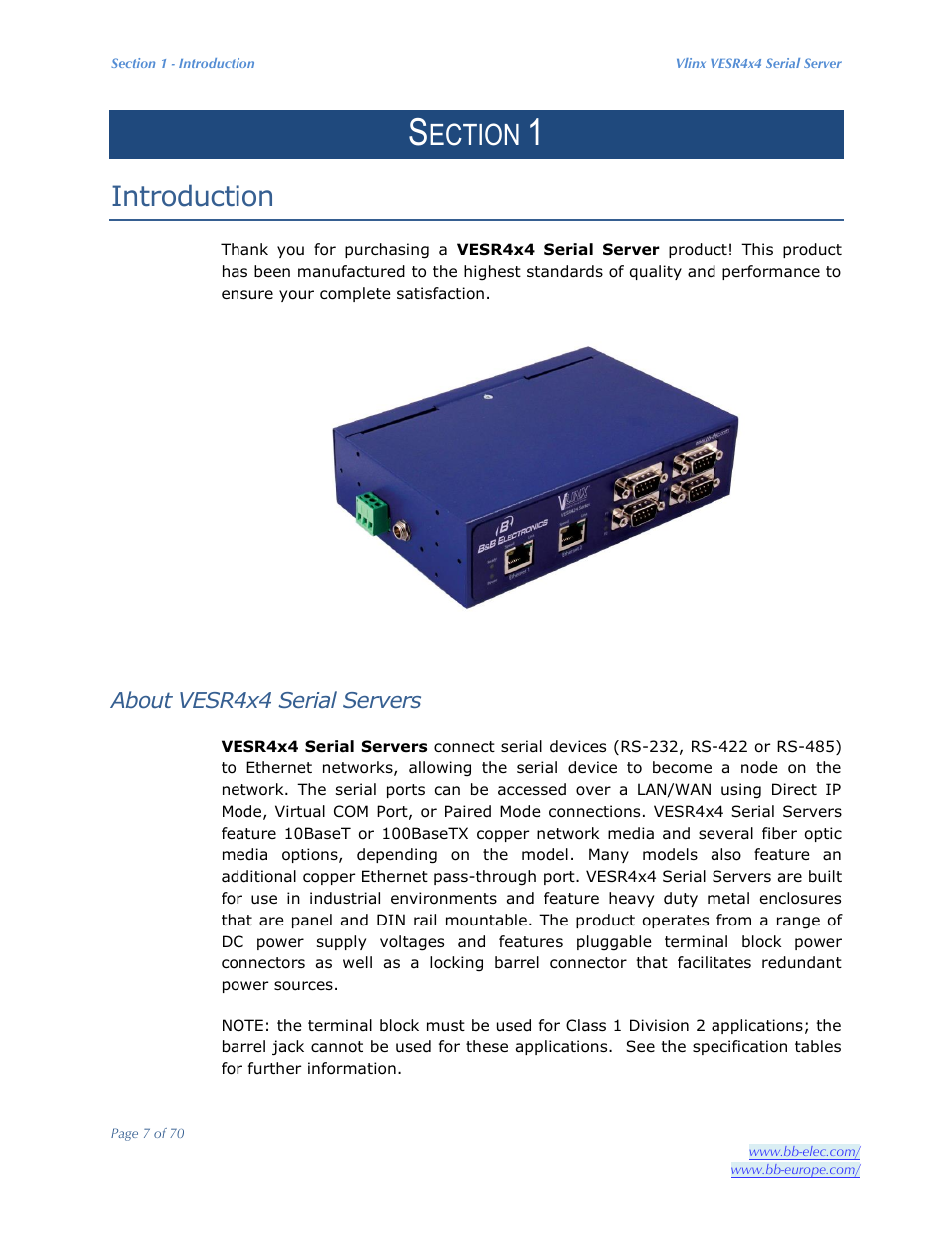 Ection, Introduction | B&B Electronics VESR4X4 - Manual User Manual | Page 7 / 70