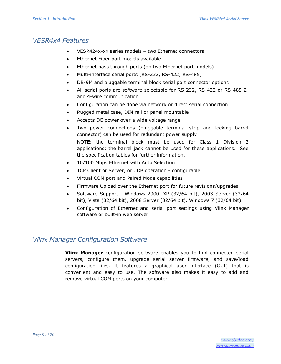 Vesr4x4 features, Vlinx manager configuration software | B&B Electronics VESR4X4 - Manual User Manual | Page 9 / 70