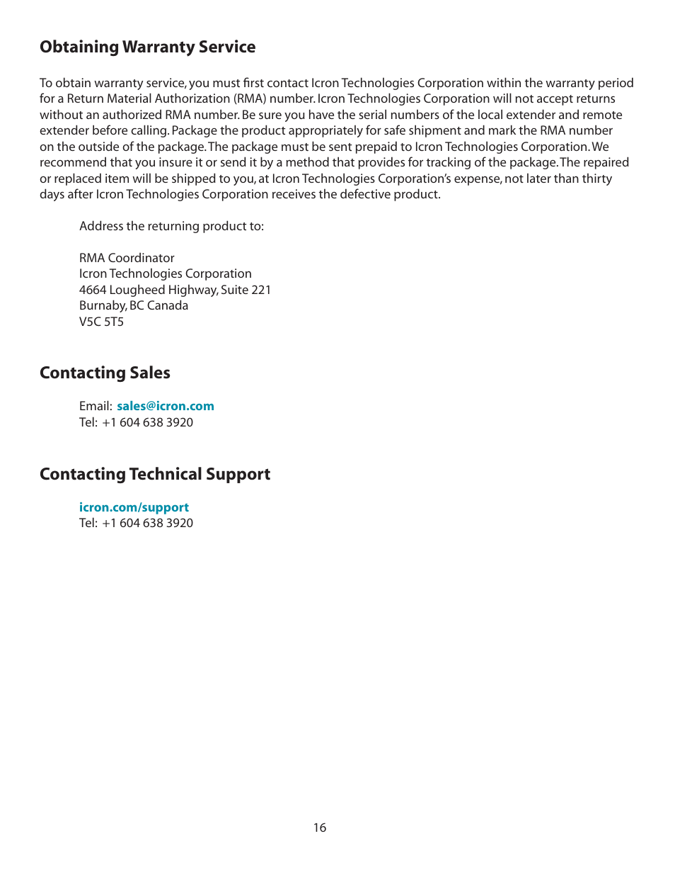 Obtaining warranty service, Contacting sales, Contacting technical support | B&B Electronics 00-00327 - Manual User Manual | Page 17 / 20
