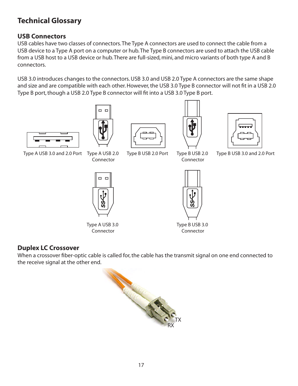 Technical glossary, Usb connectors, Duplex lc crossover | B&B Electronics 00-00327 - Manual User Manual | Page 18 / 20