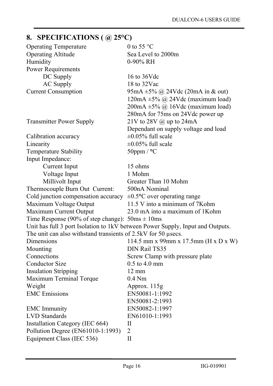 Specifications \( @ 25°c\), Specifications ( @ 25°c) | B&B Electronics DUALCON-6 - Datasheet User Manual | Page 16 / 16