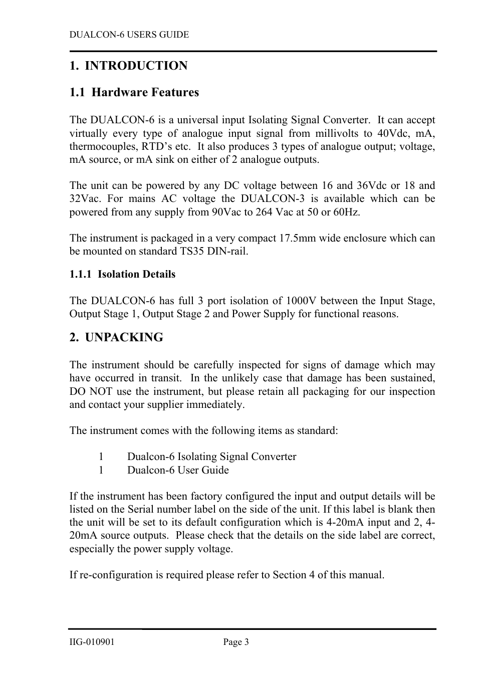 Introduction, Hardware features, Isolation details | Unpacking, Introduction 1.1 hardware, Features, 1 isolation, Details, Introduction 1.1 hardware features | B&B Electronics DUALCON-6 - Datasheet User Manual | Page 3 / 16