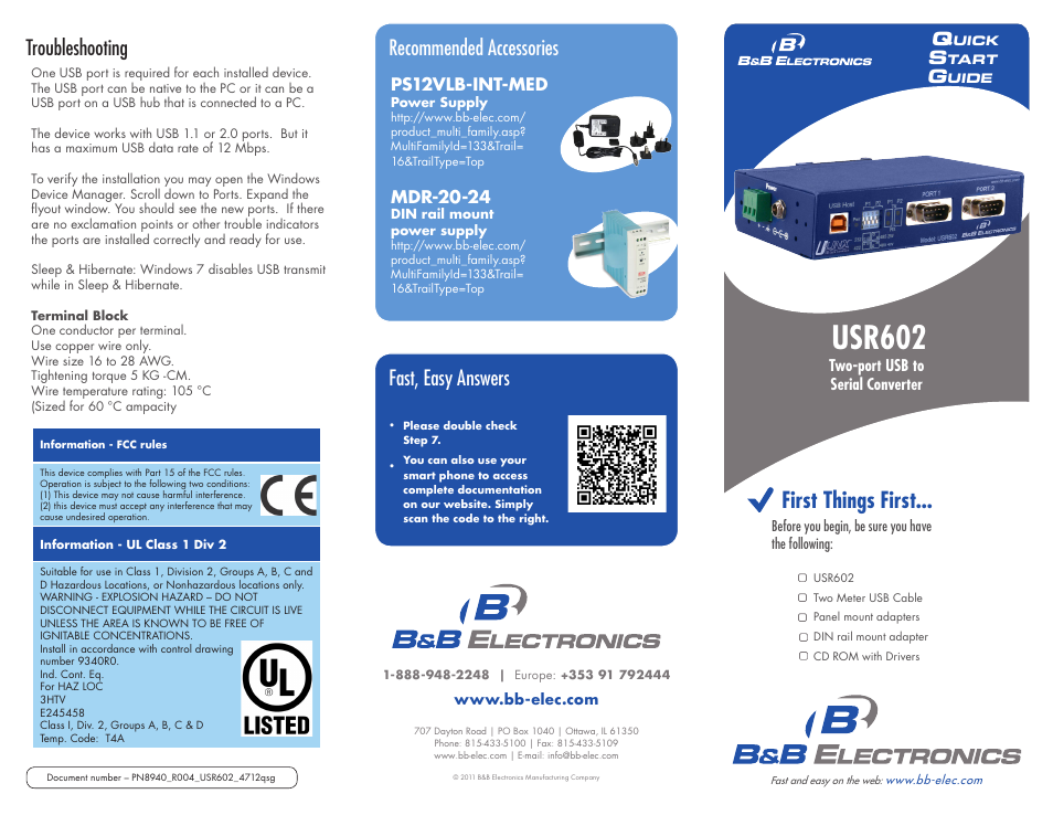 Usr602, First things first, Troubleshooting fast, easy answers | Recommended accessories, Ps12vlb-int-med, Mdr-20-24 | B&B Electronics USR604 - Quick Start Guide User Manual | Page 2 / 2