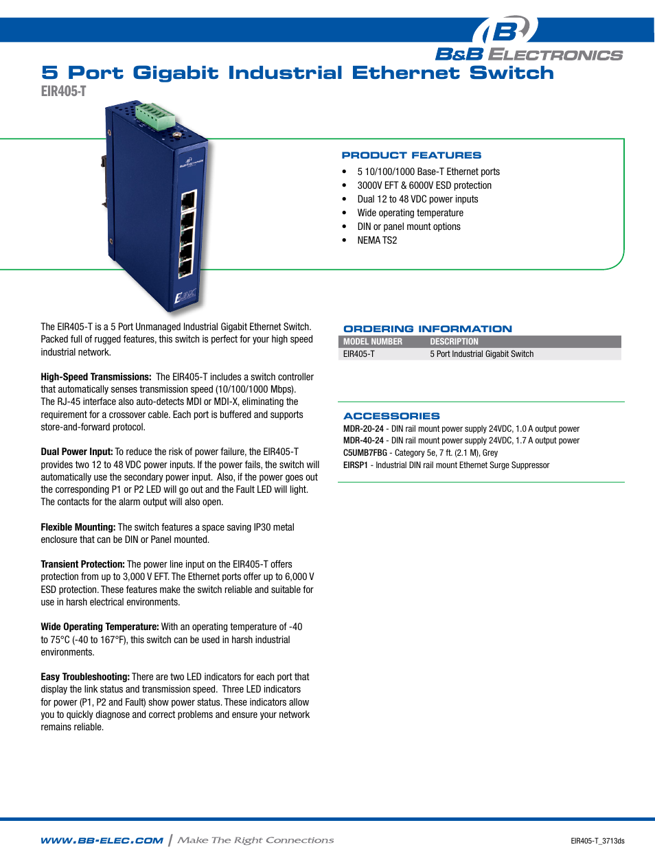 B&B Electronics EIR405-T - Datasheet User Manual | 2 pages