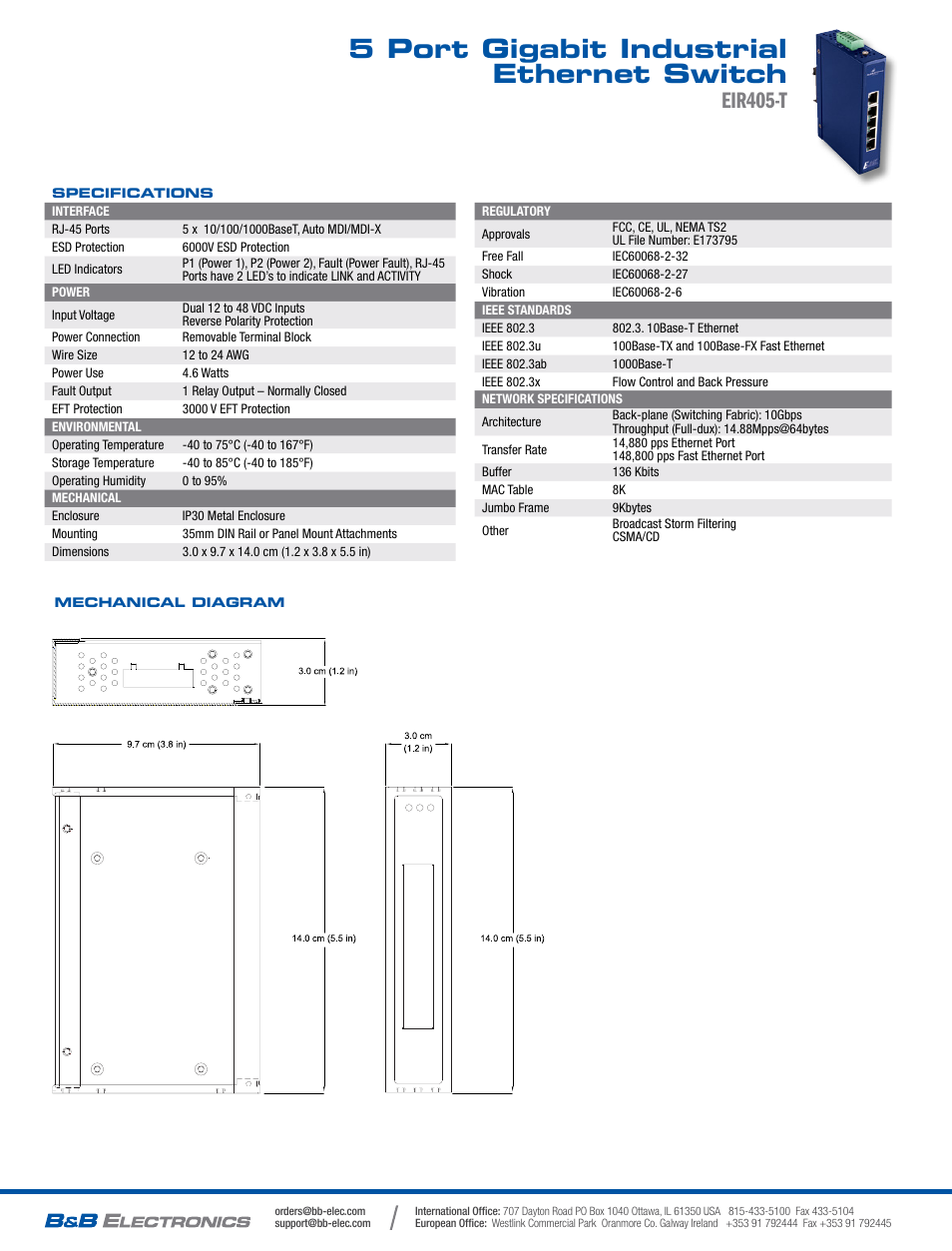 5 port gigabit industrial ethernet switch, Eir405-t | B&B Electronics EIR405-T - Datasheet User Manual | Page 2 / 2