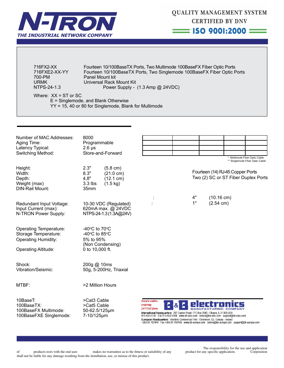 716fx2, Contact information, Industrial ethernet switch ordering information | B&B Electronics 716FX2-SC_ST - Datasheet User Manual | Page 2 / 3