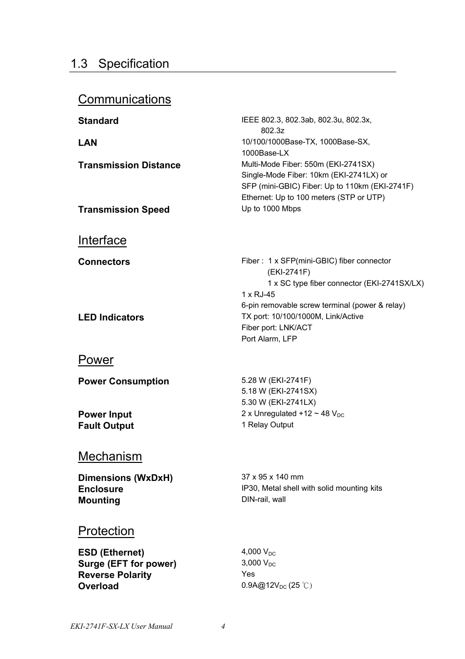 3 specification, Communications, Interface | Power, Mechanism, Protection | B&B Electronics EKI-2741LX_LXI - Manual User Manual | Page 12 / 32