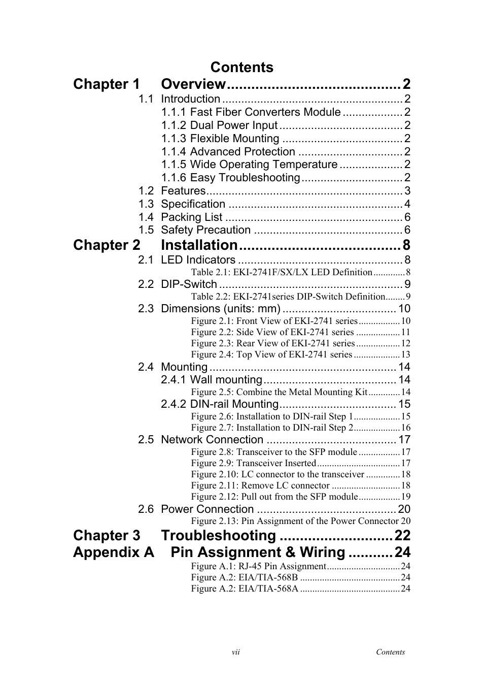Contents chapter 1, Overview, Chapter 2 | Installation, Chapter 3, Troubleshooting, Appendix a pin assignment & wiring | B&B Electronics EKI-2741LX_LXI - Manual User Manual | Page 7 / 32