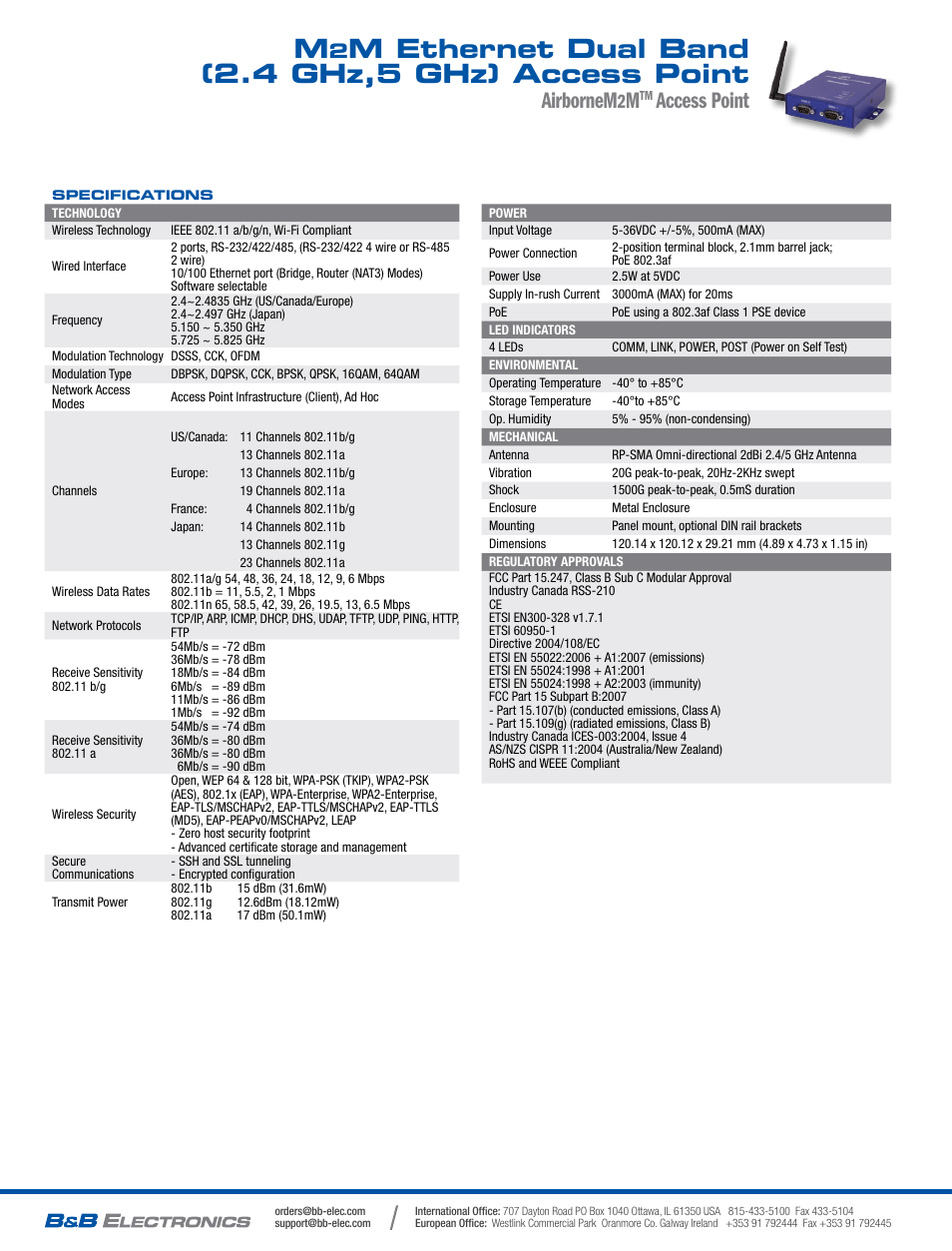 M ethernet dual band (2.4 ghz,5 ghz) access point, Airbornem, Access point | B&B Electronics APXN-Q5428 - Datasheet User Manual | Page 2 / 2