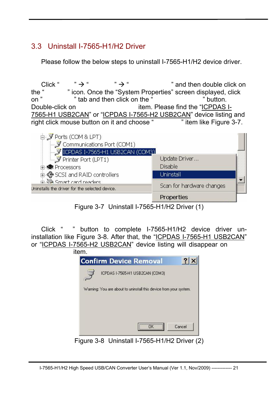 3 uninstall i-7565-h1/h2 driver, Uninstall i-7565-h1/h2 driver | B&B Electronics I-7565-H2 - Manual User Manual | Page 21 / 70