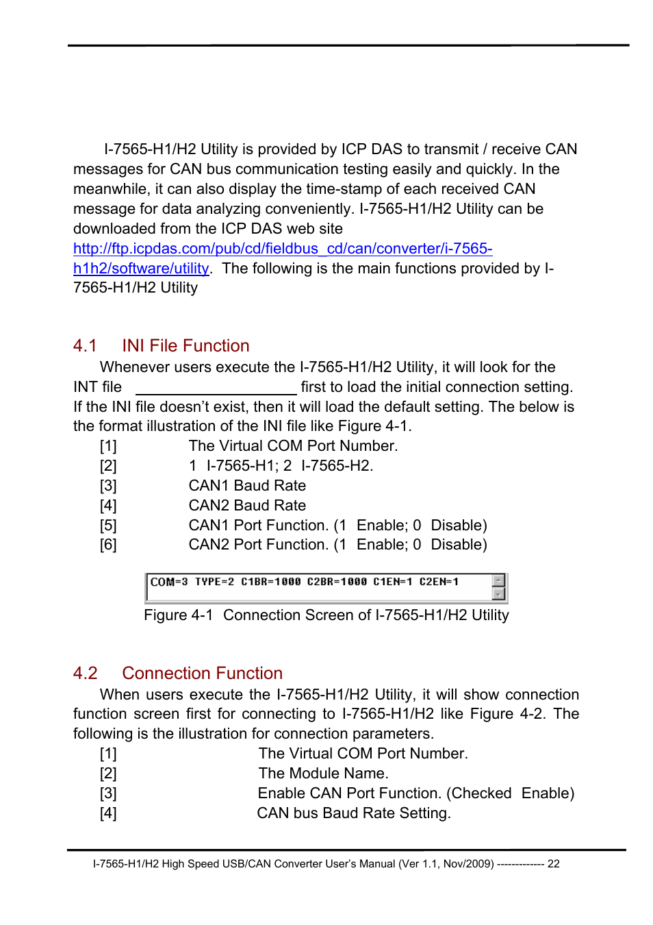Software utility, 1 ini file function, 2 connection function | Ini file function, Connection function | B&B Electronics I-7565-H2 - Manual User Manual | Page 22 / 70