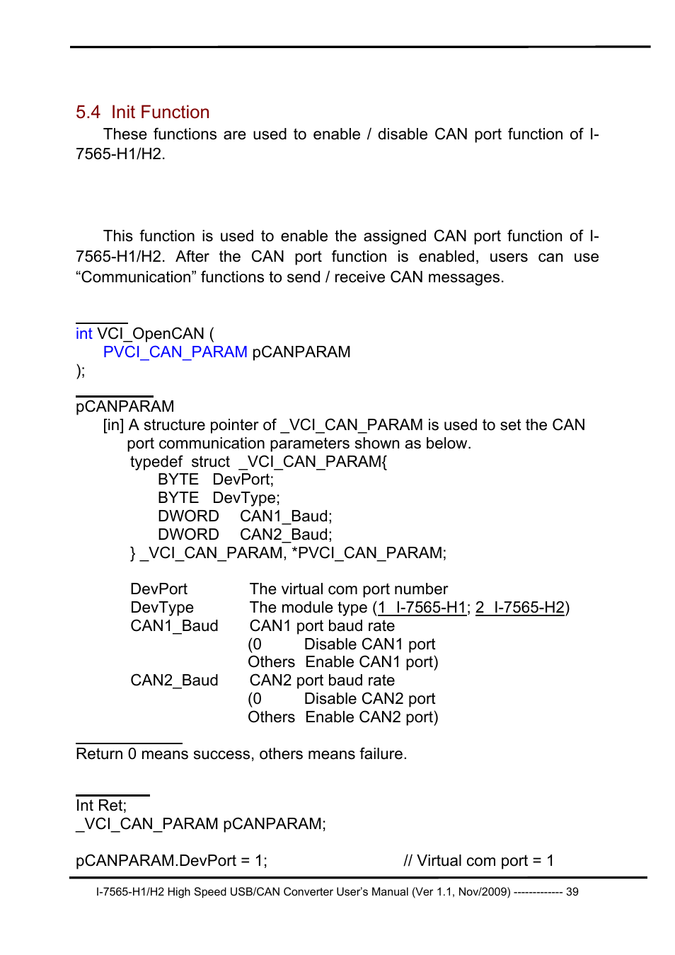 4 init function, 1 vci_opencan, Init function | Vci_opencan | B&B Electronics I-7565-H2 - Manual User Manual | Page 39 / 70
