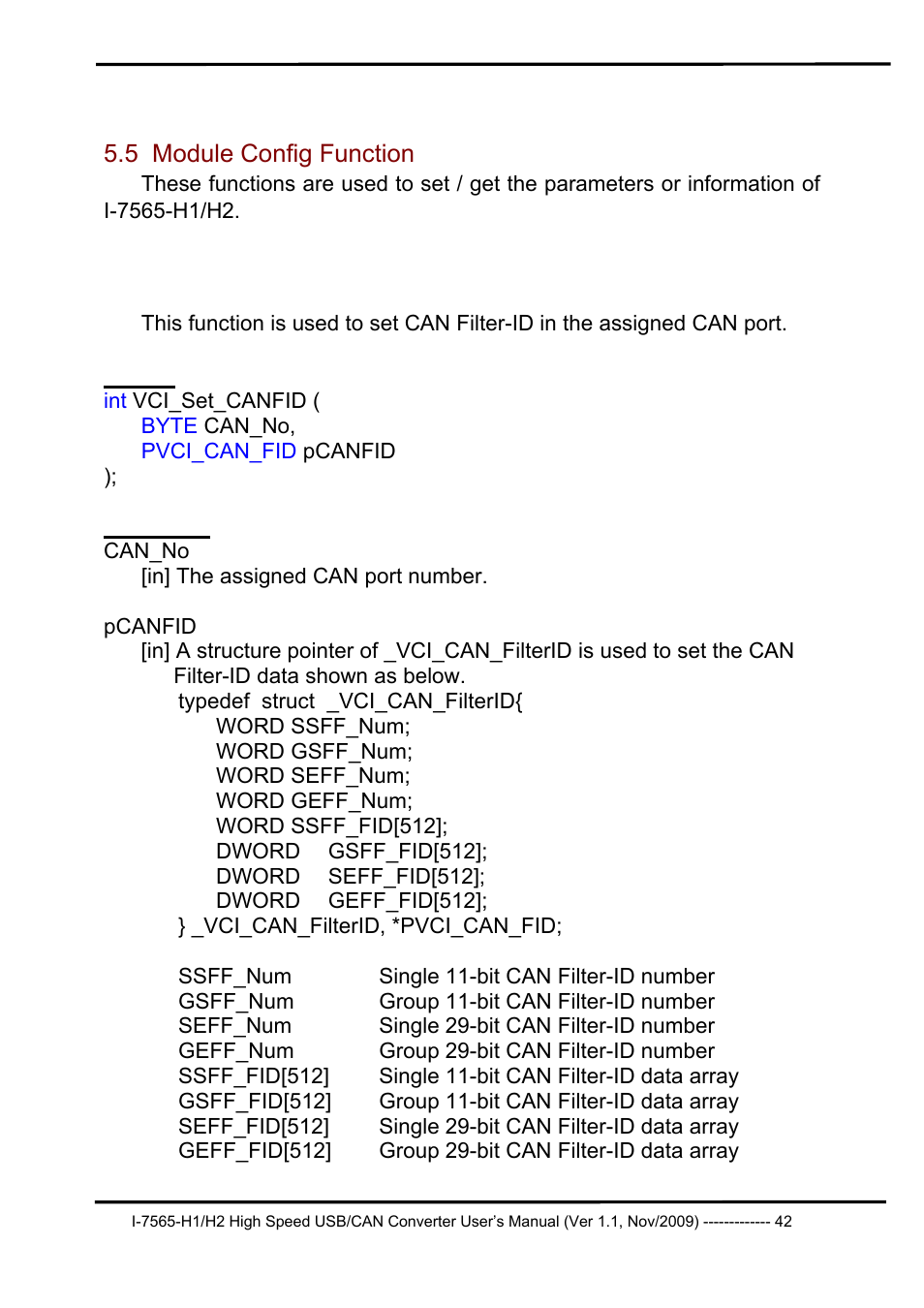 5 module config function, 1 vci_set_canfid, Module config function | Vci_set_canfid | B&B Electronics I-7565-H2 - Manual User Manual | Page 42 / 70