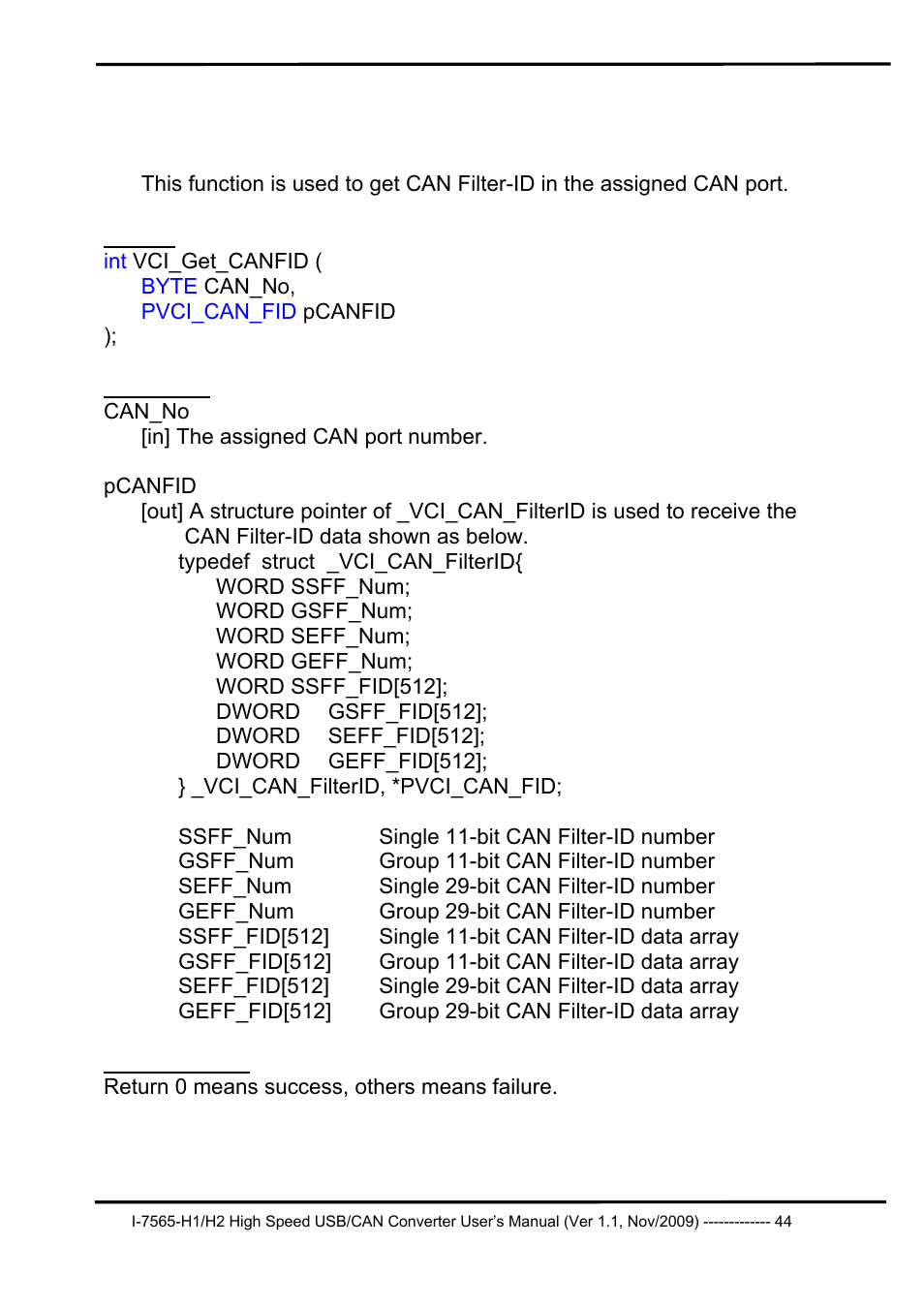 2 vci_get_canfid, Vci_get_canfid | B&B Electronics I-7565-H2 - Manual User Manual | Page 44 / 70