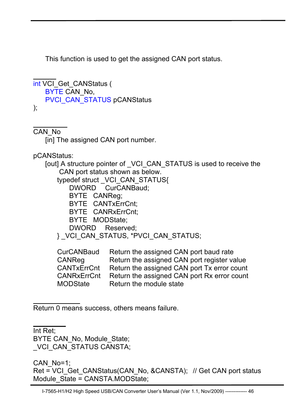 3 vci_get_canstatus, Vci_get_canstatus | B&B Electronics I-7565-H2 - Manual User Manual | Page 46 / 70