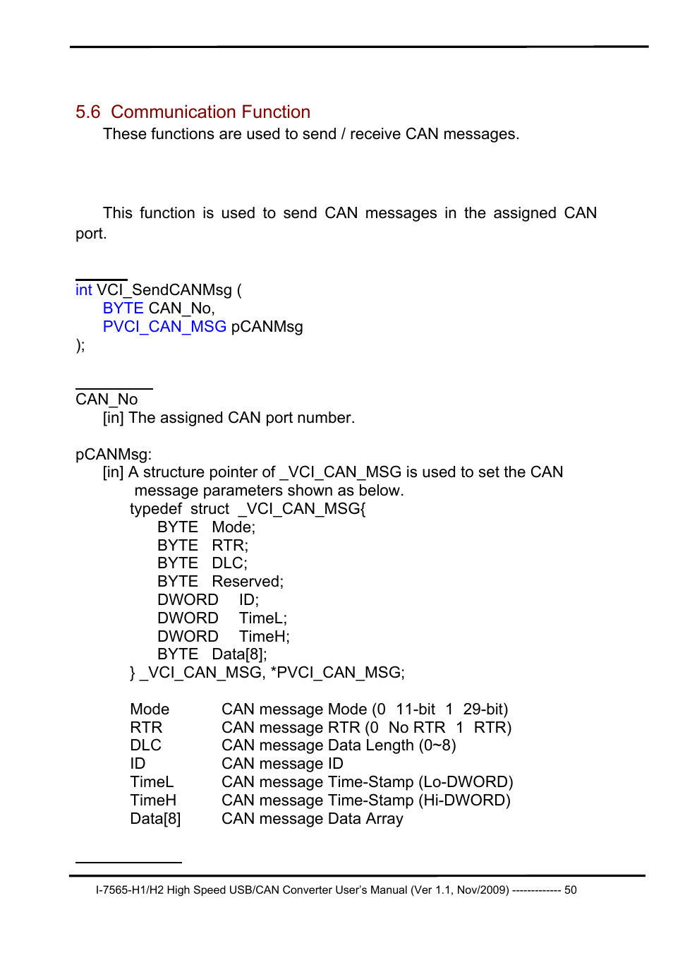 6 communication function, 1 vci_sendcanmsg, Communication function | Vci_sendcanmsg | B&B Electronics I-7565-H2 - Manual User Manual | Page 50 / 70