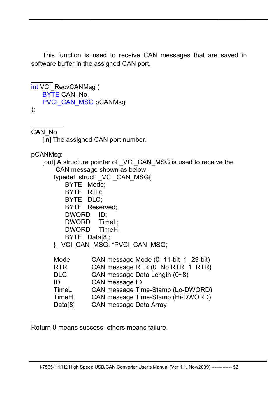 2 vci_recvcanmsg, Vci_recvcanmsg | B&B Electronics I-7565-H2 - Manual User Manual | Page 52 / 70