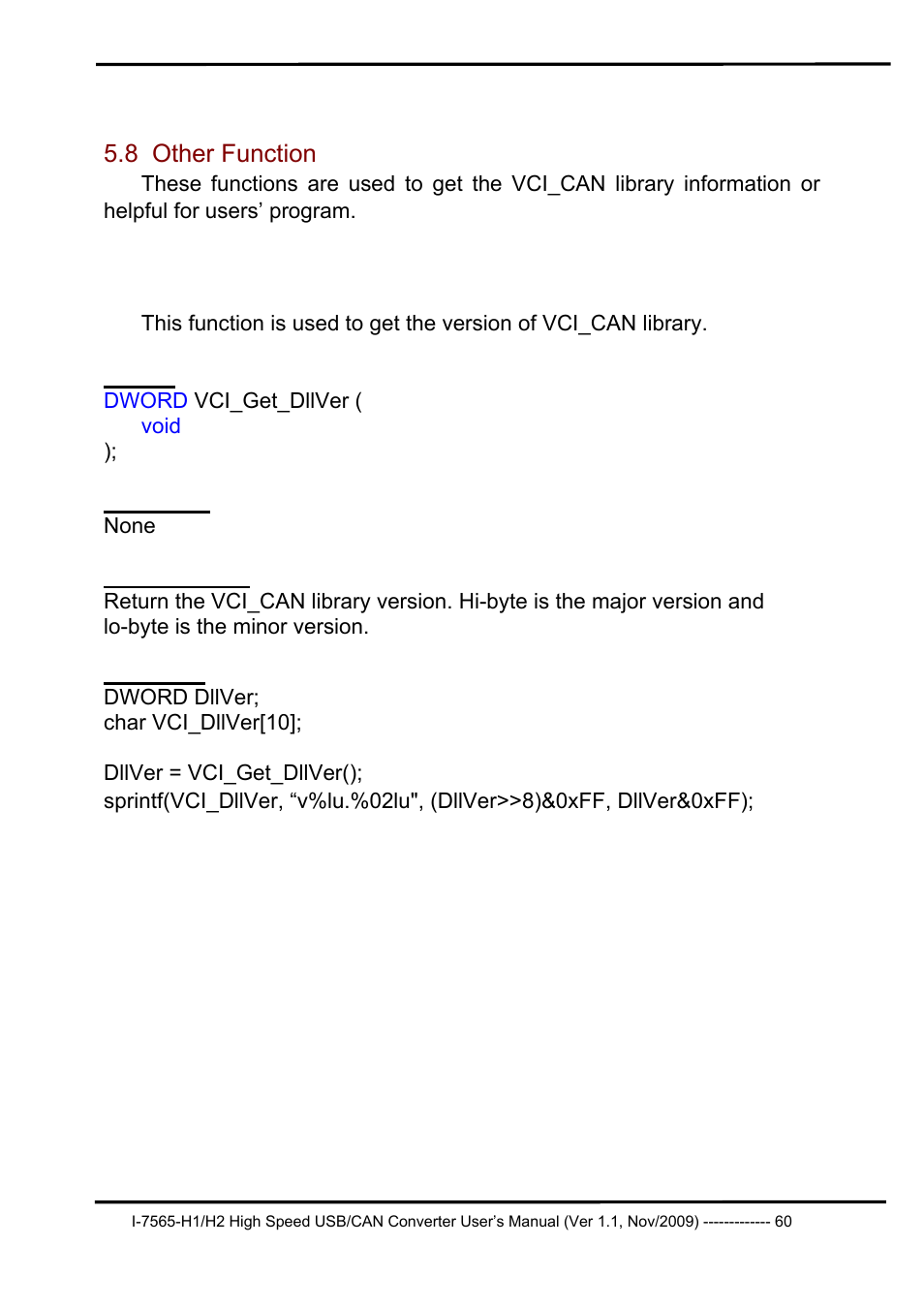 8 other function, 1 vci_get_dllver, Other function | Vci_get_dllver | B&B Electronics I-7565-H2 - Manual User Manual | Page 60 / 70
