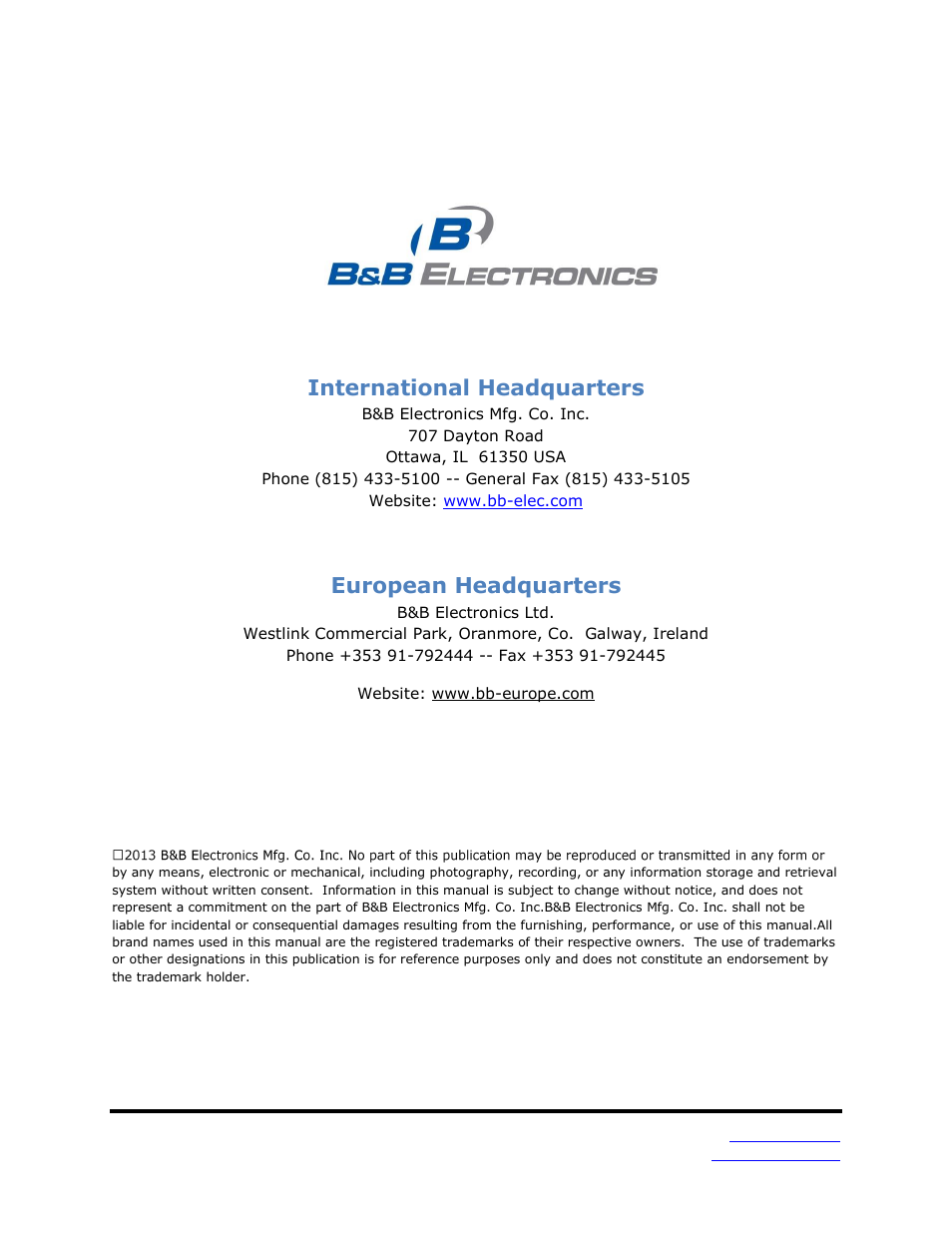 International headquarters, European headquarters | B&B Electronics MESP211D_T - Manual User Manual | Page 2 / 68
