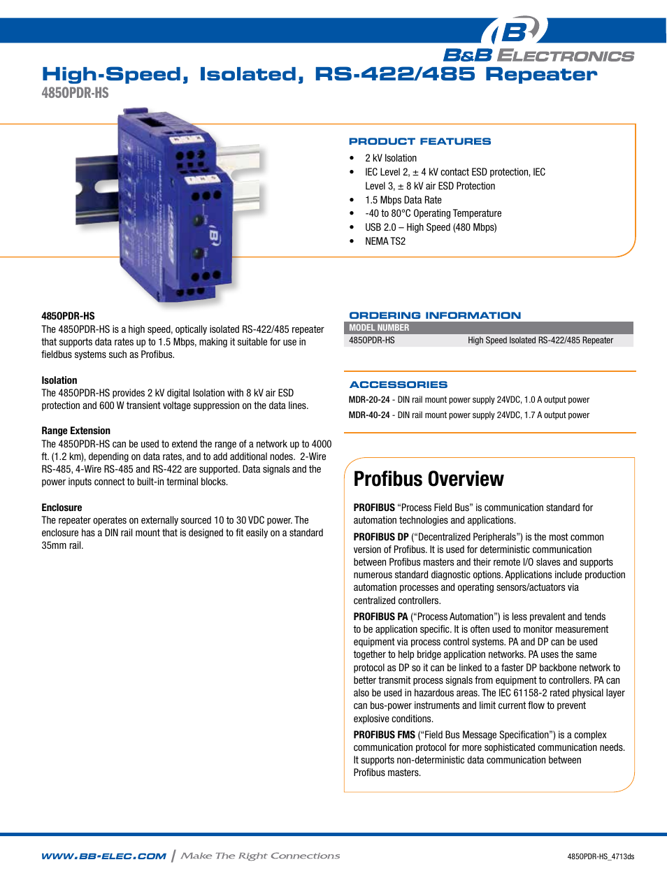 B&B Electronics 485OPDR-HS - Datasheet User Manual | 2 pages