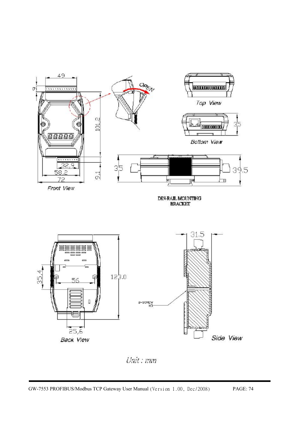 Dimensions…………………………………………………………. 74, Dimensions | B&B Electronics GW-7553 - Manual User Manual | Page 74 / 75