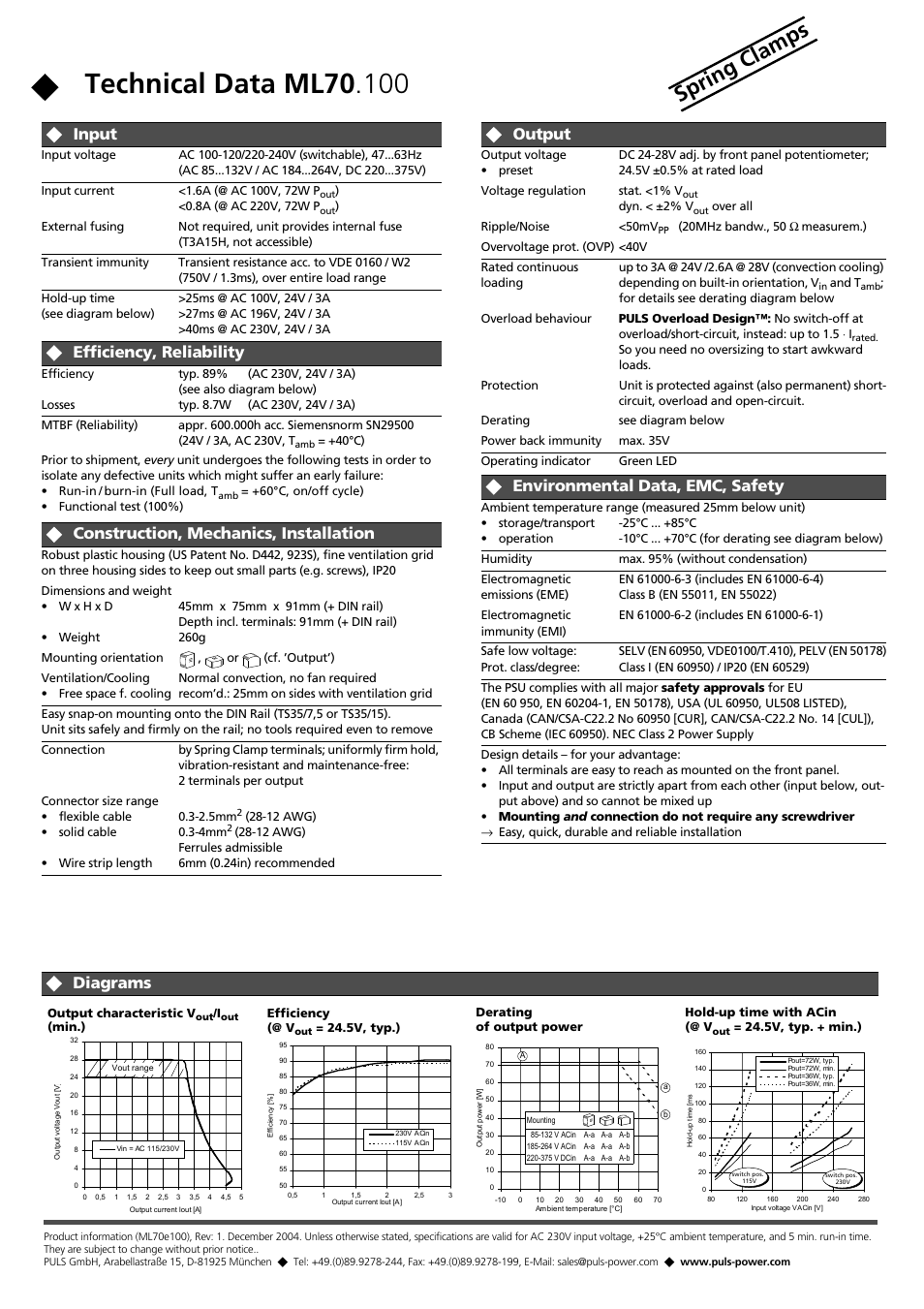 Sp rin g c lam ps, X input, X efficiency, reliability | X construction, mechanics, installation, X diagrams, X output, X environmental data, emc, safety | B&B Electronics NTPS-24-3 - Datasheet User Manual | Page 2 / 2