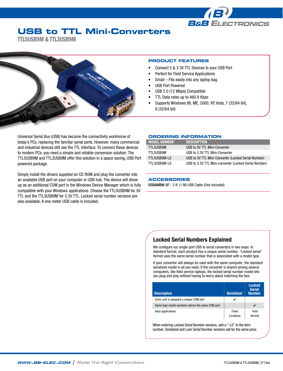 B&B Electronics TTL5USB9M-LS - Datasheet User Manual | 2 pages