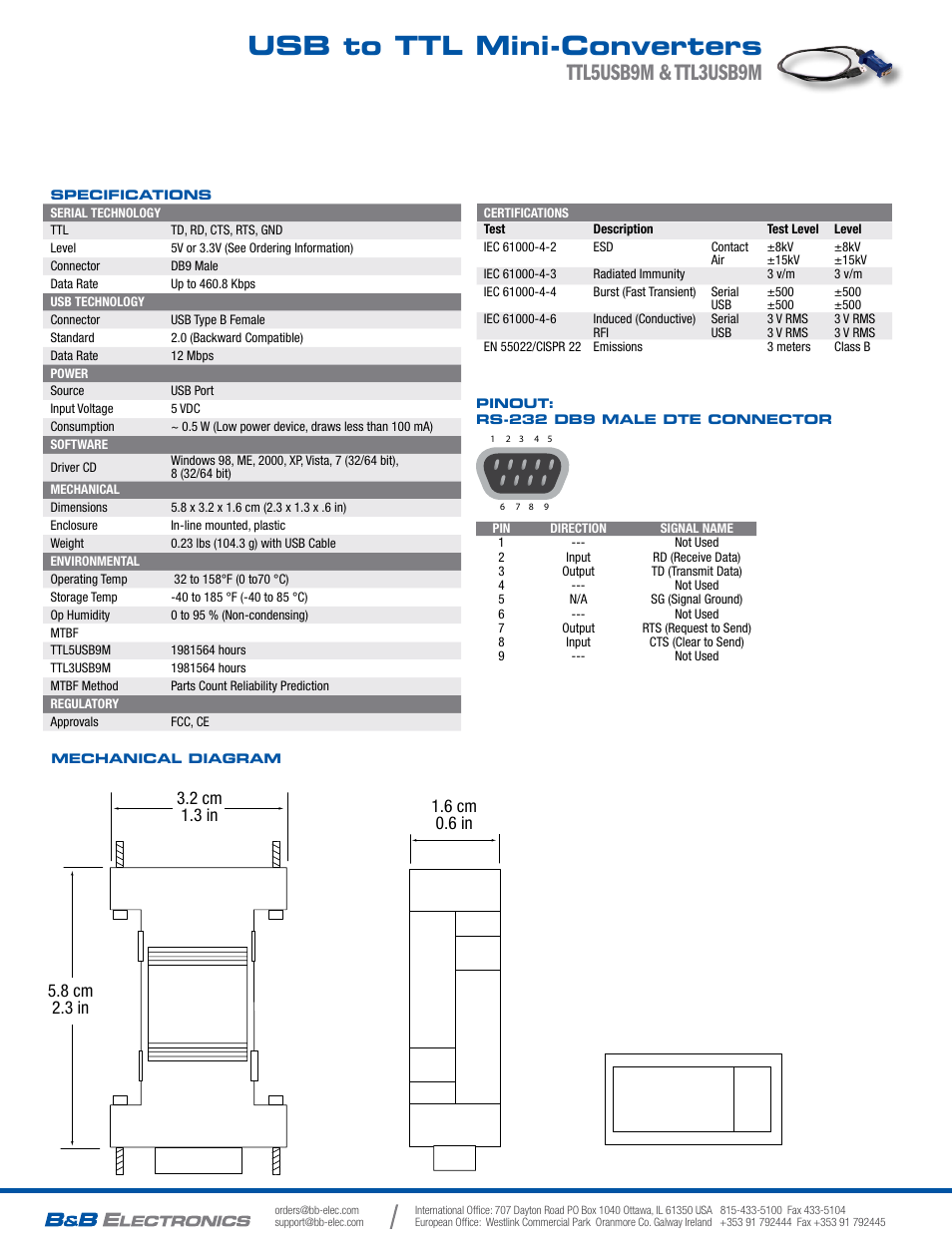 Usb to ttl mini-converters, Ttl5usb9m & ttl3usb9m | B&B Electronics TTL5USB9M-LS - Datasheet User Manual | Page 2 / 2