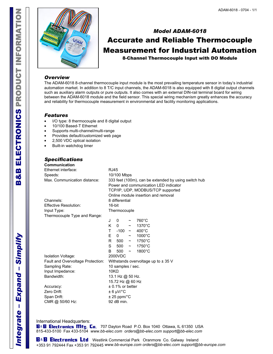 B&B Electronics ADAM-6018 - Datasheet User Manual | 2 pages