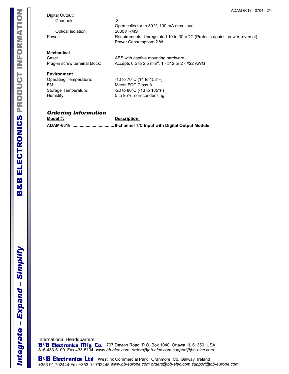 B&B Electronics ADAM-6018 - Datasheet User Manual | Page 2 / 2