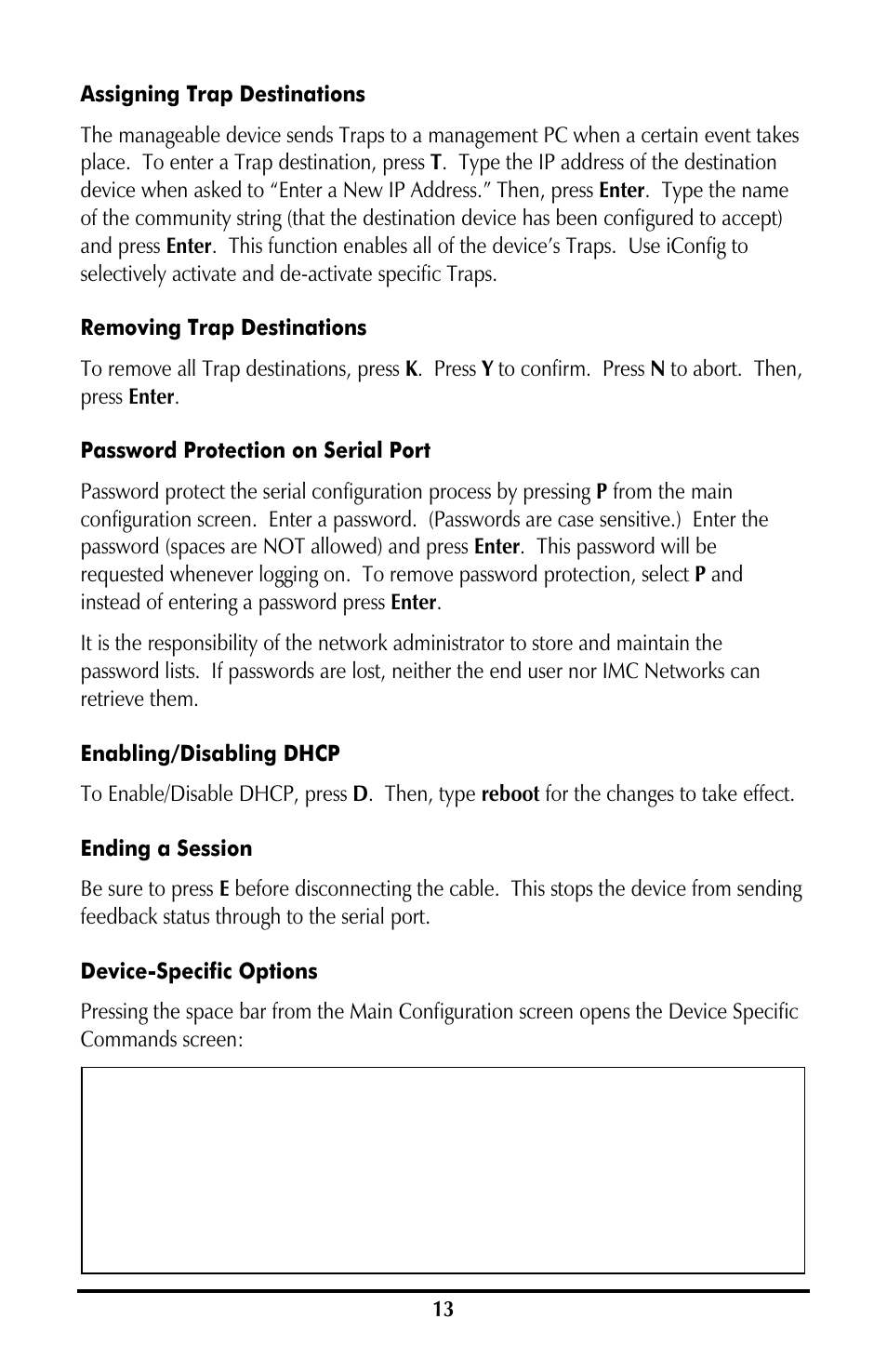 Assigning trap destinations, Removing trap destinations, Password protection on serial port | Enabling/disabling dhcp, Ending a session, Device-specific options | B&B Electronics 850-10953-DC - Manual User Manual | Page 13 / 20