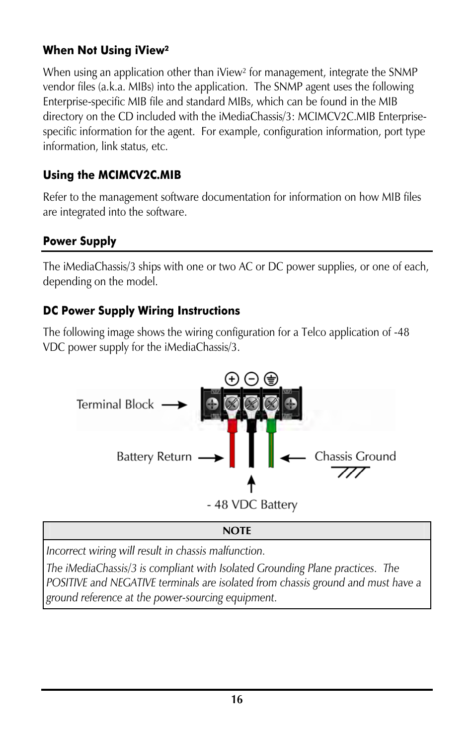 When not using iview, Using the mcimcv2c.mib, Power supply | Dc power supply wiring instructions | B&B Electronics 850-10953-DC - Manual User Manual | Page 16 / 20