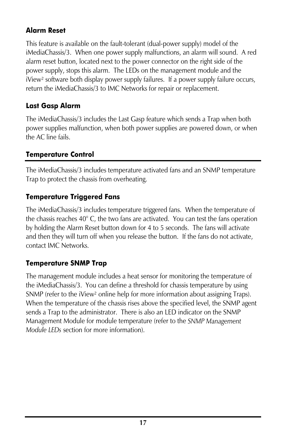 Alarm reset, Last gasp alarm, Temperature control | Temperature triggered fans, Temperature snmp trap | B&B Electronics 850-10953-DC - Manual User Manual | Page 17 / 20