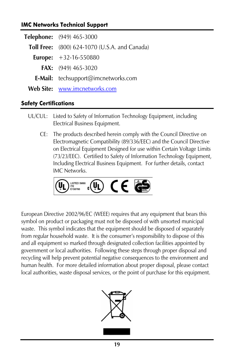 Imc networks technical support, Safety certifications | B&B Electronics 850-10953-DC - Manual User Manual | Page 19 / 20