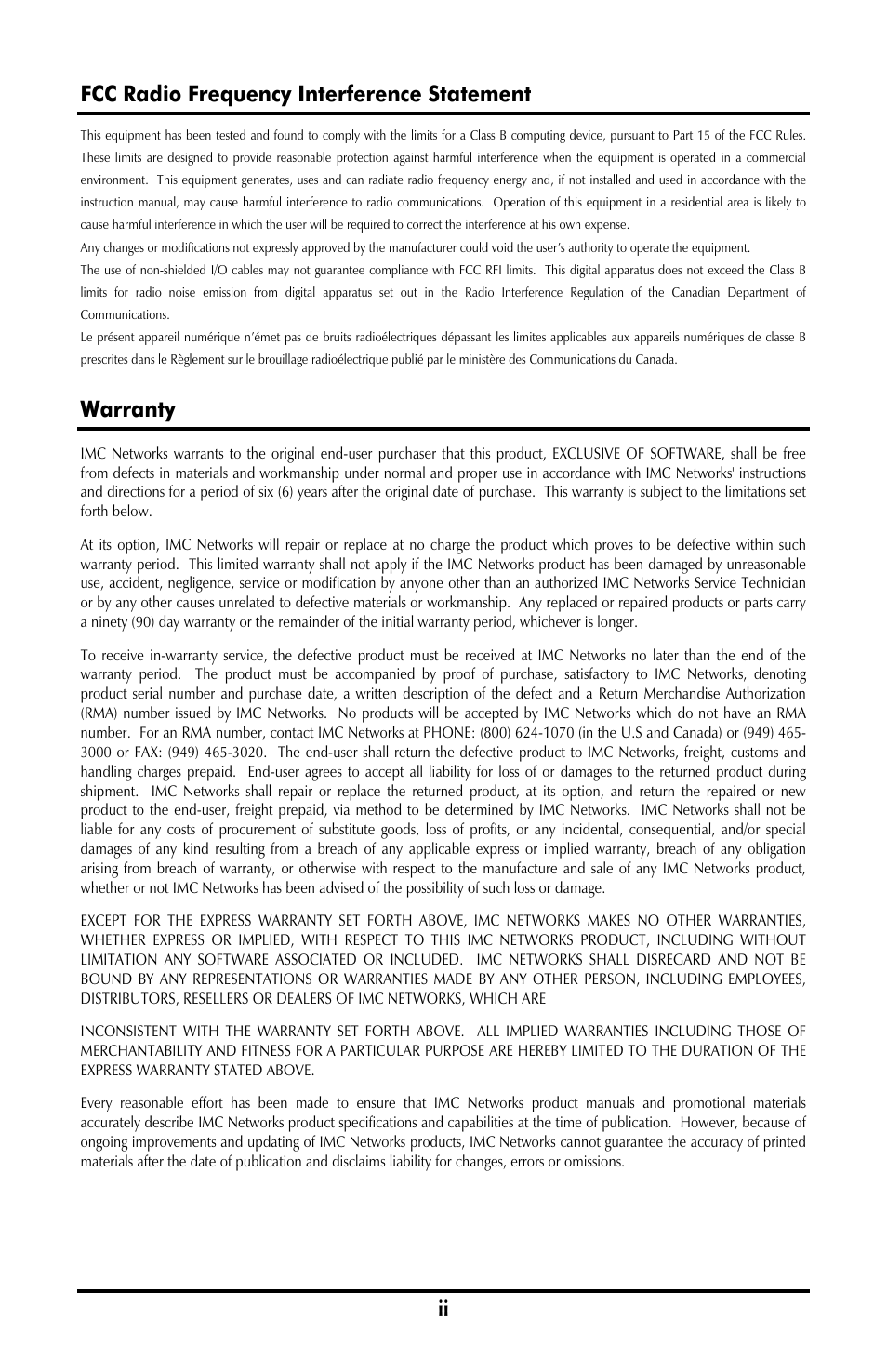 Ii fcc radio frequency interference statement, Warranty | B&B Electronics 850-10953-DC - Manual User Manual | Page 2 / 20