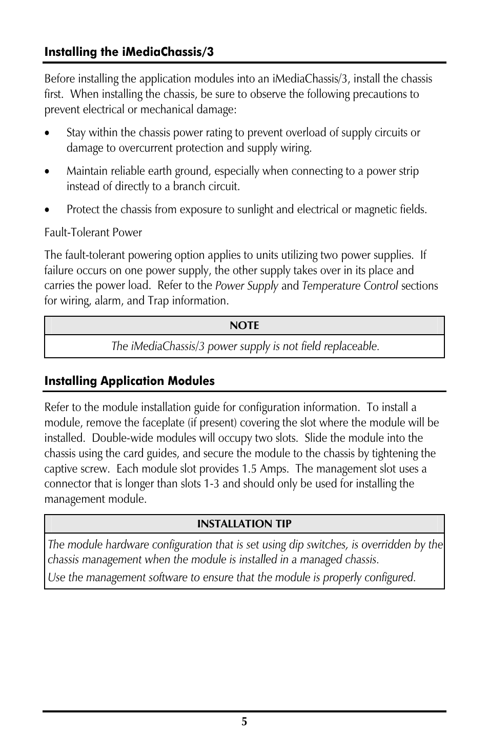 Installing the imediachassis/3, Installing application modules | B&B Electronics 850-10953-DC - Manual User Manual | Page 5 / 20