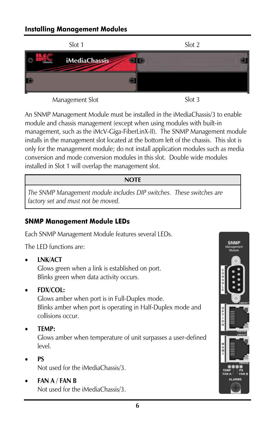 Installing management modules, Snmp management module leds | B&B Electronics 850-10953-DC - Manual User Manual | Page 6 / 20