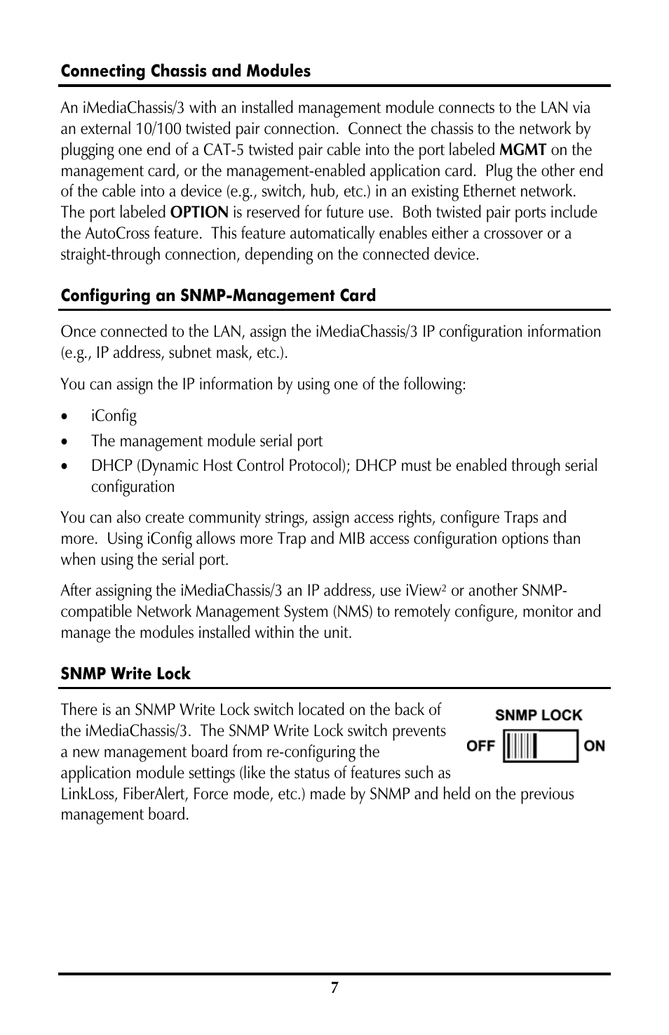 Connecting chassis and modules, Configuring an snmp-management card, Snmp write lock | B&B Electronics 850-10953-DC - Manual User Manual | Page 7 / 20