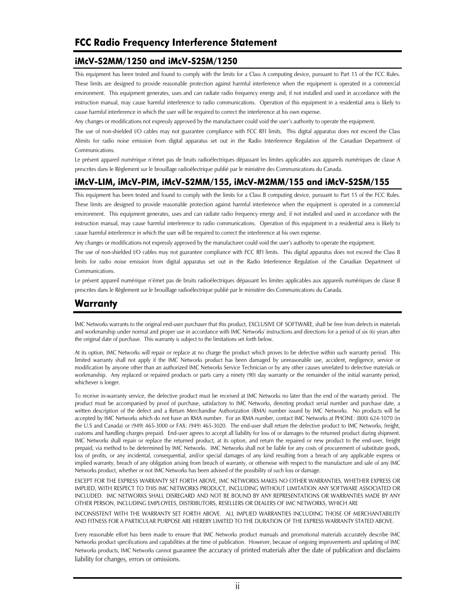 Ii fcc radio frequency interference statement, Warranty | B&B Electronics 850-14940--49 - Manual User Manual | Page 2 / 16