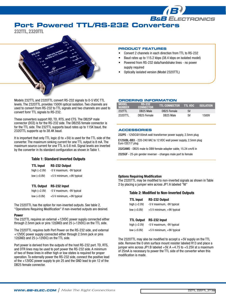 B&B Electronics 232TTL - Datasheet User Manual | 2 pages
