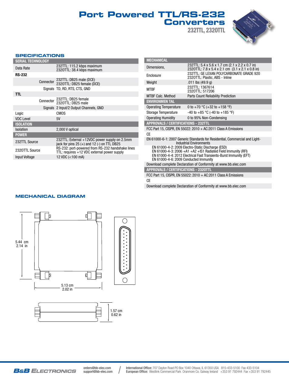 Port powered ttl/rs-232 converters | B&B Electronics 232TTL - Datasheet User Manual | Page 2 / 2
