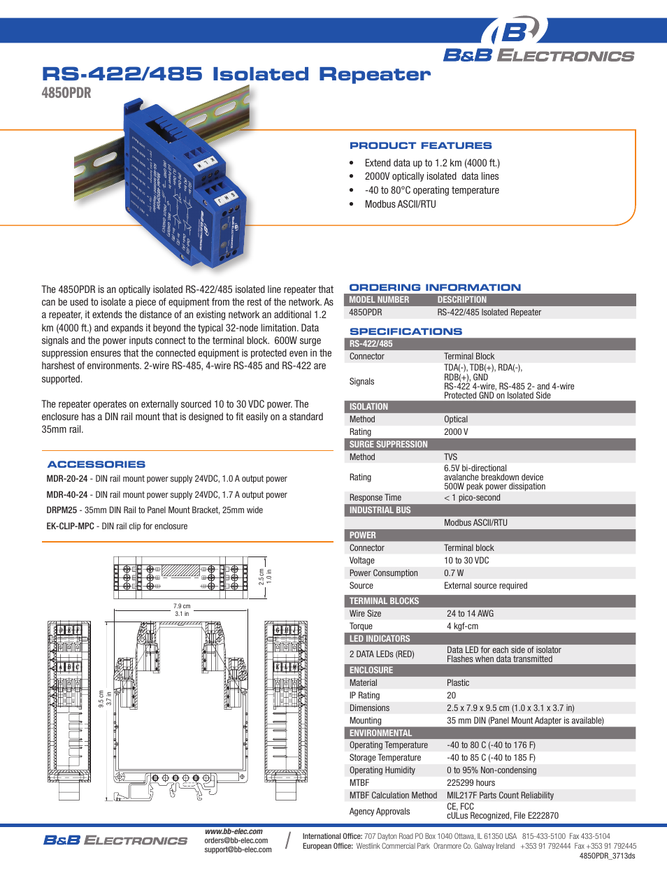 B&B Electronics 485OPDR - Datasheet User Manual | 1 page