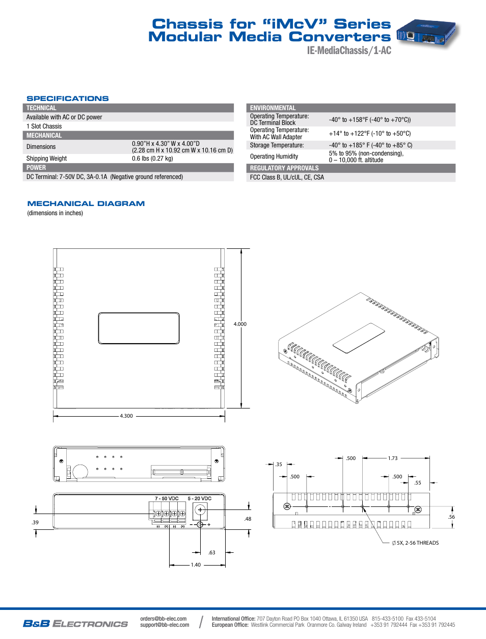 Chassis for “imcv” series modular media converters, Ie-mediachassis/1-ac | B&B Electronics 850-33100 - Datasheet User Manual | Page 2 / 2