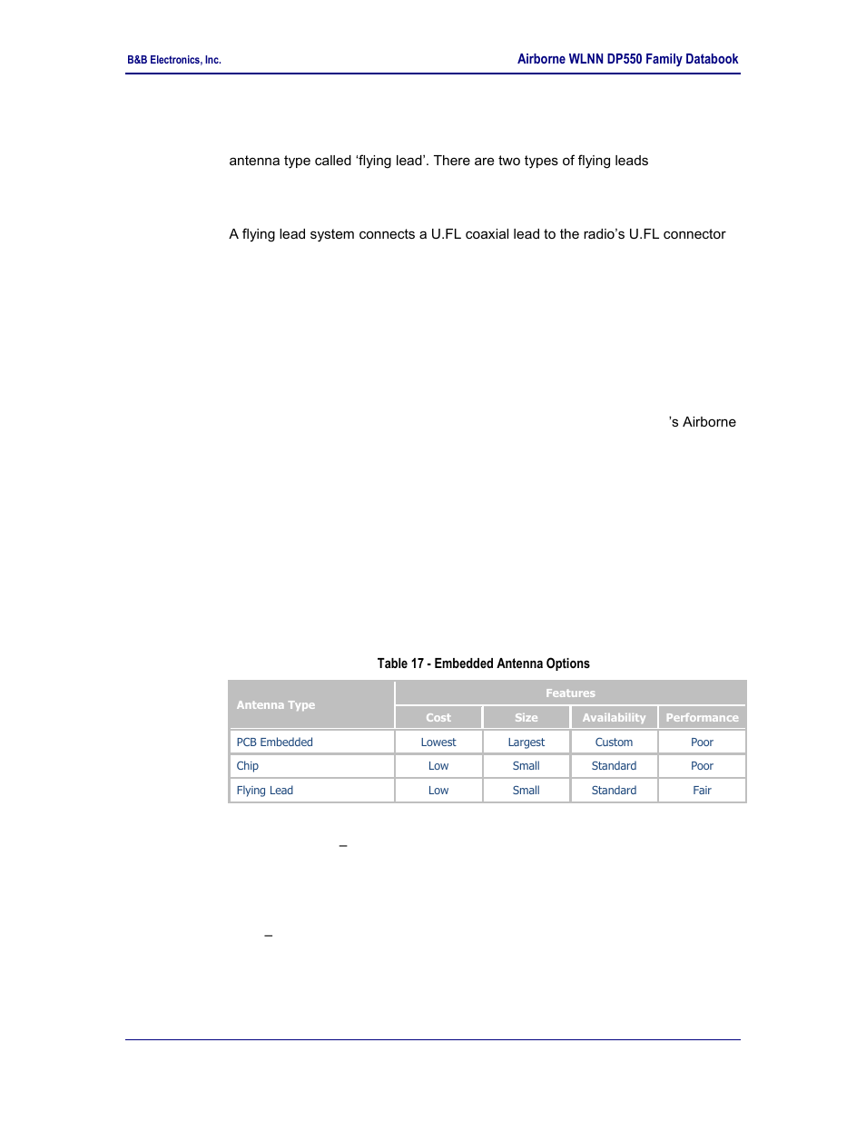 Host chassis mounted antenna, Embedded antenna, Table 17 - embedded antenna options | 3 host chassis mounted antenna, 4 embedded antenna | B&B Electronics WLNN-EK-DP551 - Product Specification User Manual | Page 26 / 37