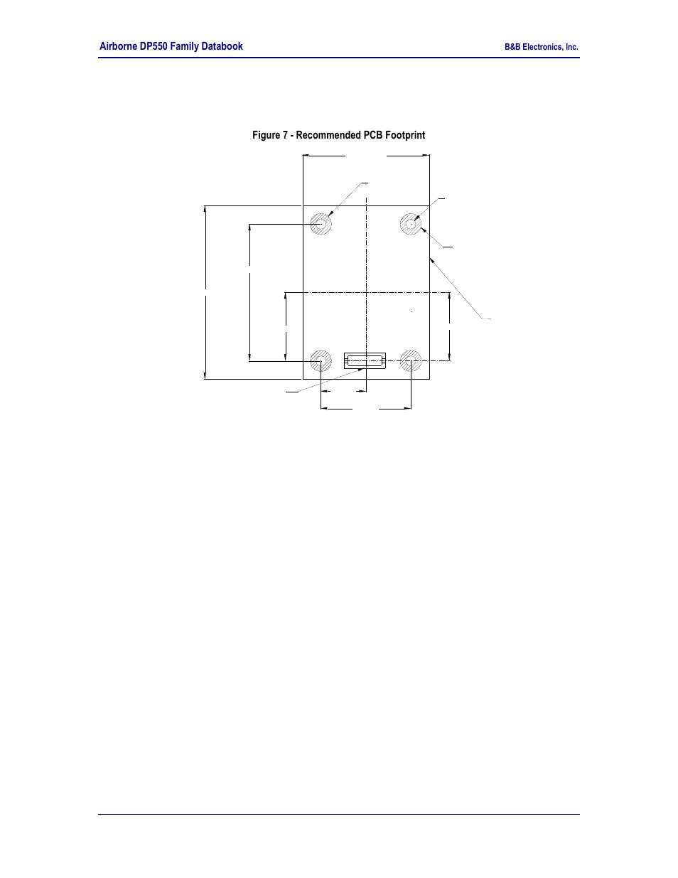 Recommended footprint, Mounting hole specification, Alternate mounting hardware | Figure 7 - recommended pcb footprint, 0 recommended footprint, 1 mounting hole specification, 2 alternate mounting hardware, Airborne dp550 family databook | B&B Electronics WLNN-EK-DP551 - Product Specification User Manual | Page 31 / 37